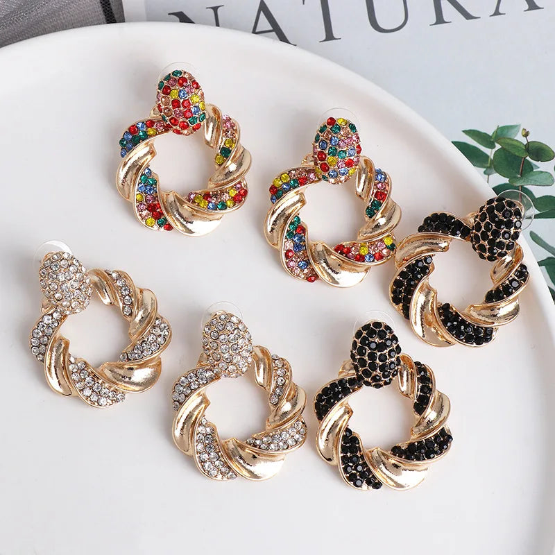 Simple Colorful Diamond Geometric Twist Rope Earrings Chunky Rhinestone Crystal Twisted Stud Earrings