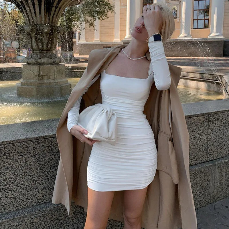 Vestidos Hot Sale  Elegant Casual Dresses New Slim Long-Sleeved Pleated Solid Color Dress Women Wholesale