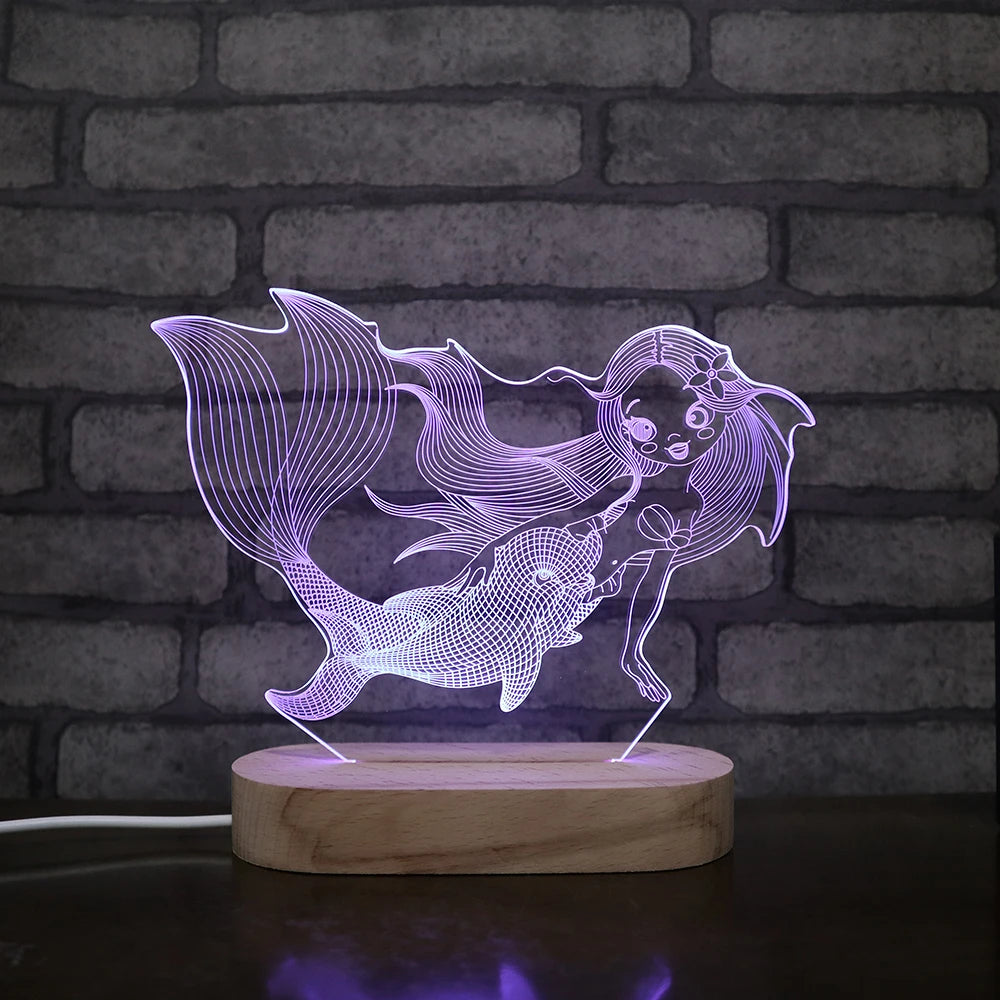 Mermaid and Shark Business Gift Solid Wooden Led Base Lamp Colorful Flashing Mini Night Light Cute Design Lamp Sets