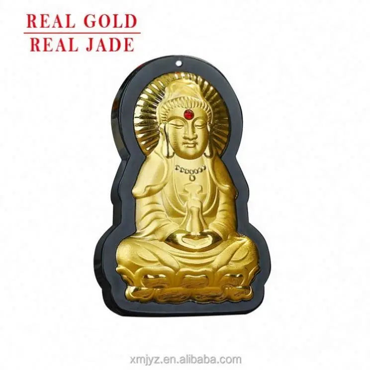 Certified 4D Gold Inlaid Jade Pendant Hetian Black Jade Gemstone Large Guanyin Buddha Necklace Men And Women Pure Gold Wholesale