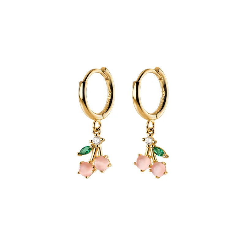 925 Sterling Silver Pink Cherry Pendant Hoop Piercing Earrings Sweet Fruit Ear Rings Fashion Jewelry for Women