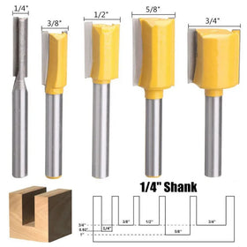 5pcs 1/4'' Shank Straight and Dado Router Bit Set 1/4''3/8''3/4''5/8''1/2'' Diameter Woodworking Flush Trim Router Bit