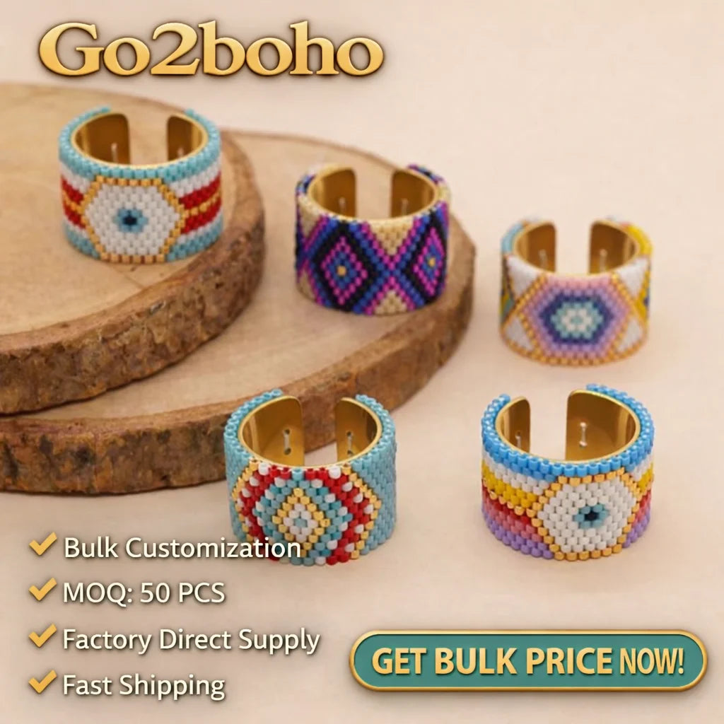 Go2Boho Turkish Evil Eye Braided Stainless Steel Ring Beaded Women Summer Boho Handmade Gift Fashion Jewelry Miyuki Bead Ring