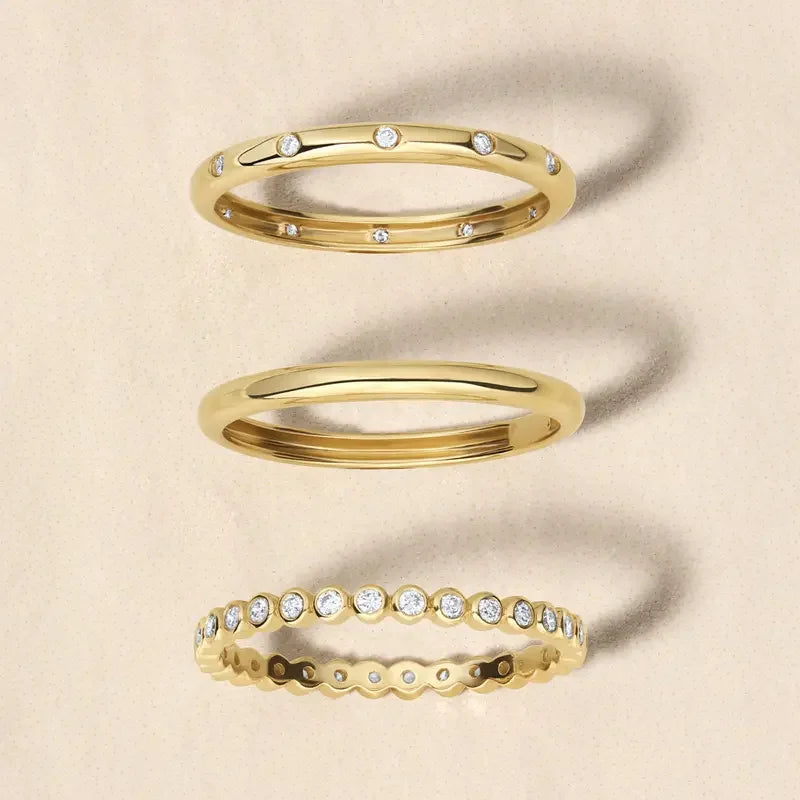 CZ Eternity Band 925 Sterling Silver Women Gold Plated Jewelry Ring Set