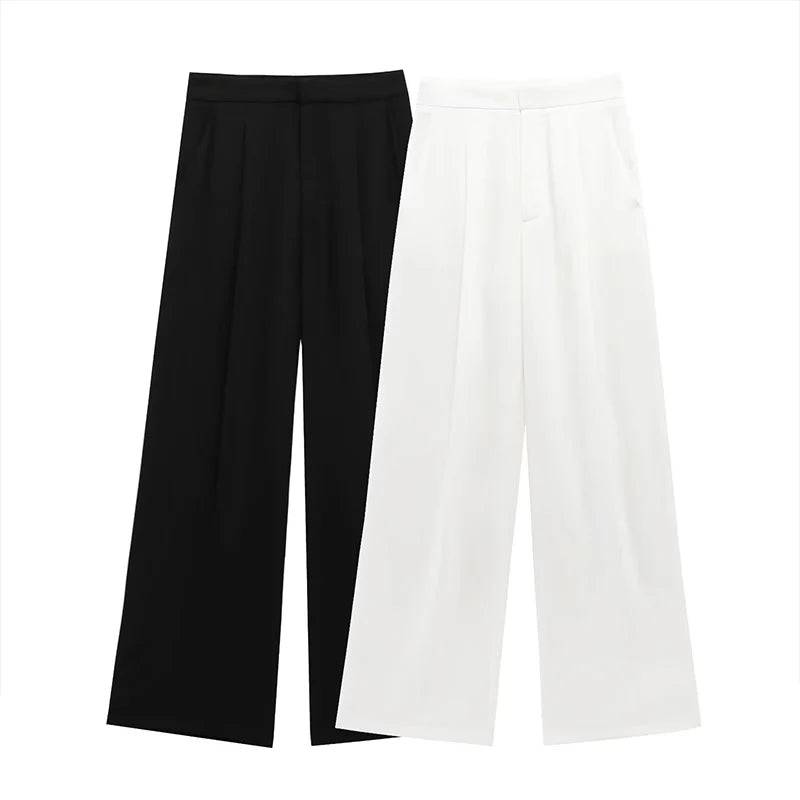 ZATRHMBM Spring Women's 2025 New Fashion Pleated Wide Leg Pants Retro High Waist Casual Solid Color Women's Pants