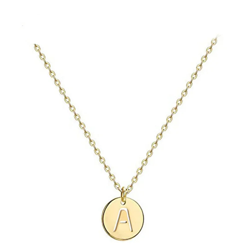 Initial Adjustable 14K Gold-Plated Stainless Steel Children's Necklace Disc Hollowed Engraved Hammered Name Pendant
