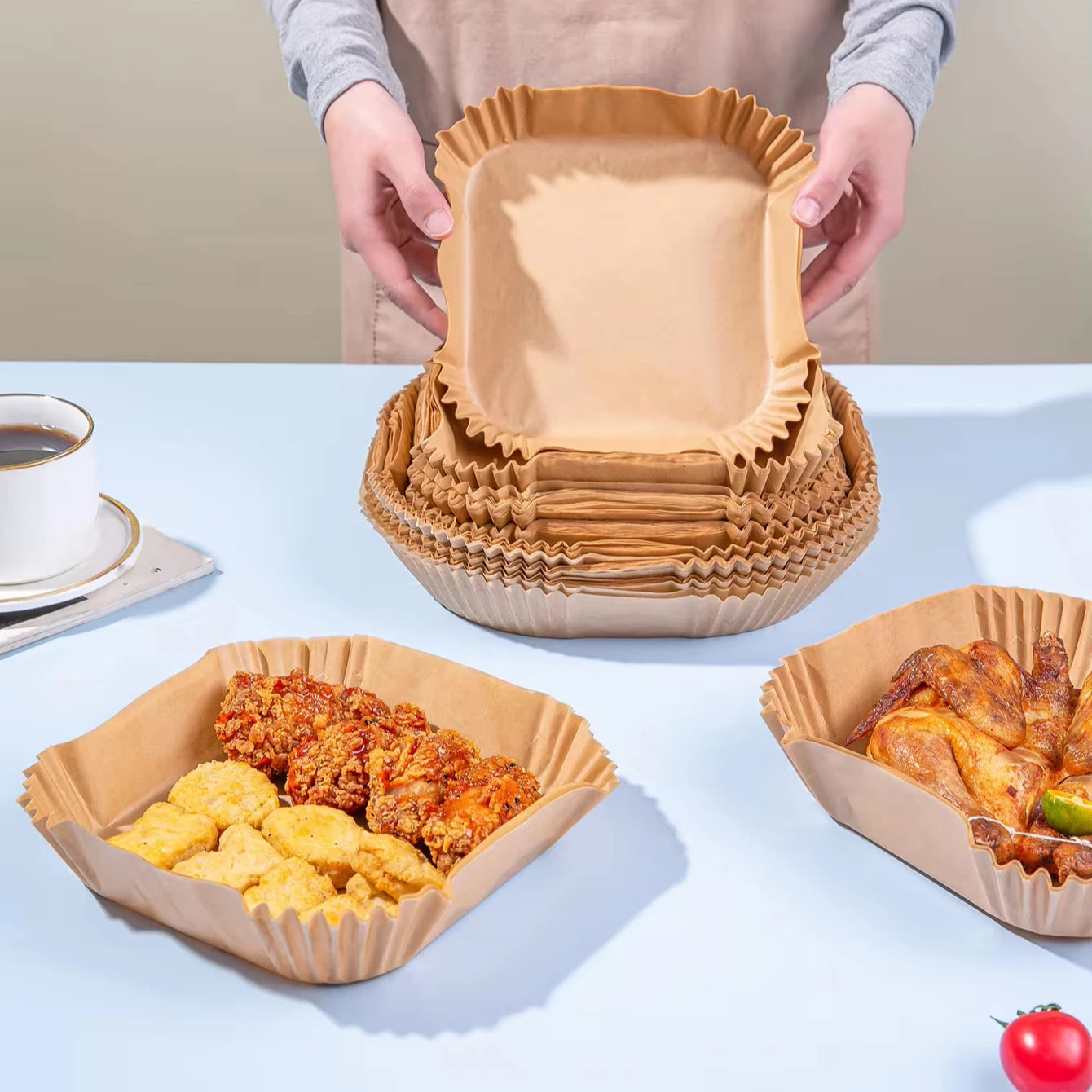 2024 Hot Sale Eco-Friendly Disposable Food Grade 20cm*20cm*4.5cm 100pcs Square Air Fryer Liner Baking Paper Moulds Custom Size