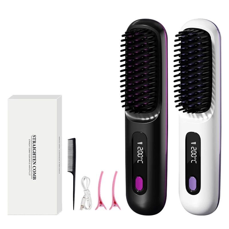 Travel Hot Comb USB Rechargeable Wireless Portable Hair Straightening Brush With LCD Display Screen for Women Girls
