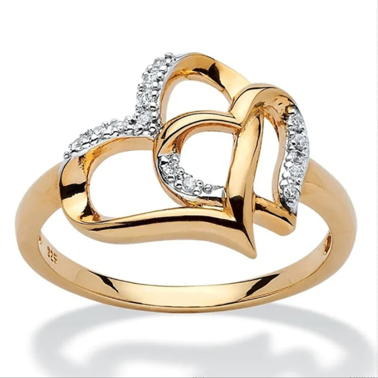 Fashion Brass Alloy Heart Hollow Ring with Zircon Diamond Inlay Charm Simple Finger Rings for Women Jewelry