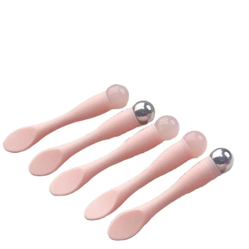 pink Wholesale Mini Beauty Spatulas Eye Cream Jade Stainless Steel Spoon Soft Silicon Cosmetic Spatula