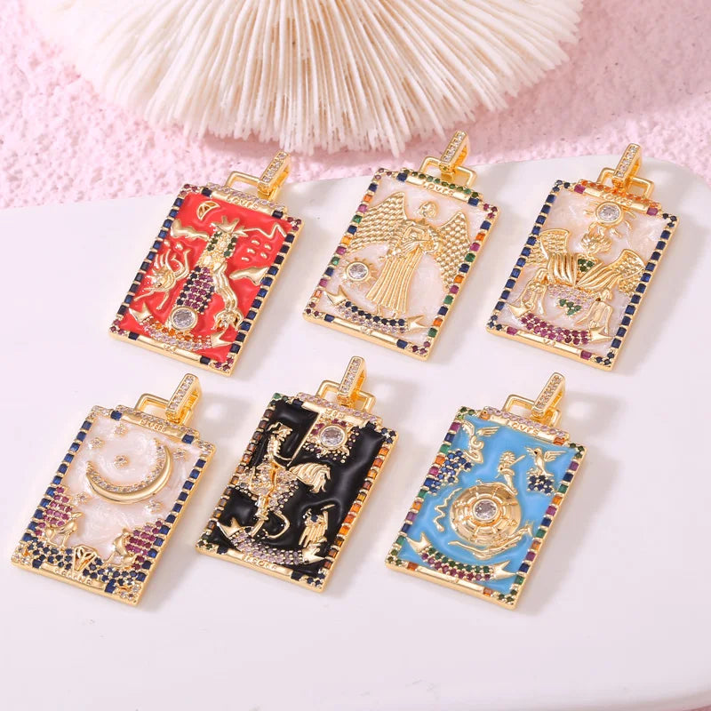 Personalized Tarot Card Shape 14K Gold Plated Zircon Rectangle Enamel Charm Necklace Pendants for Jewelry Making Accessories