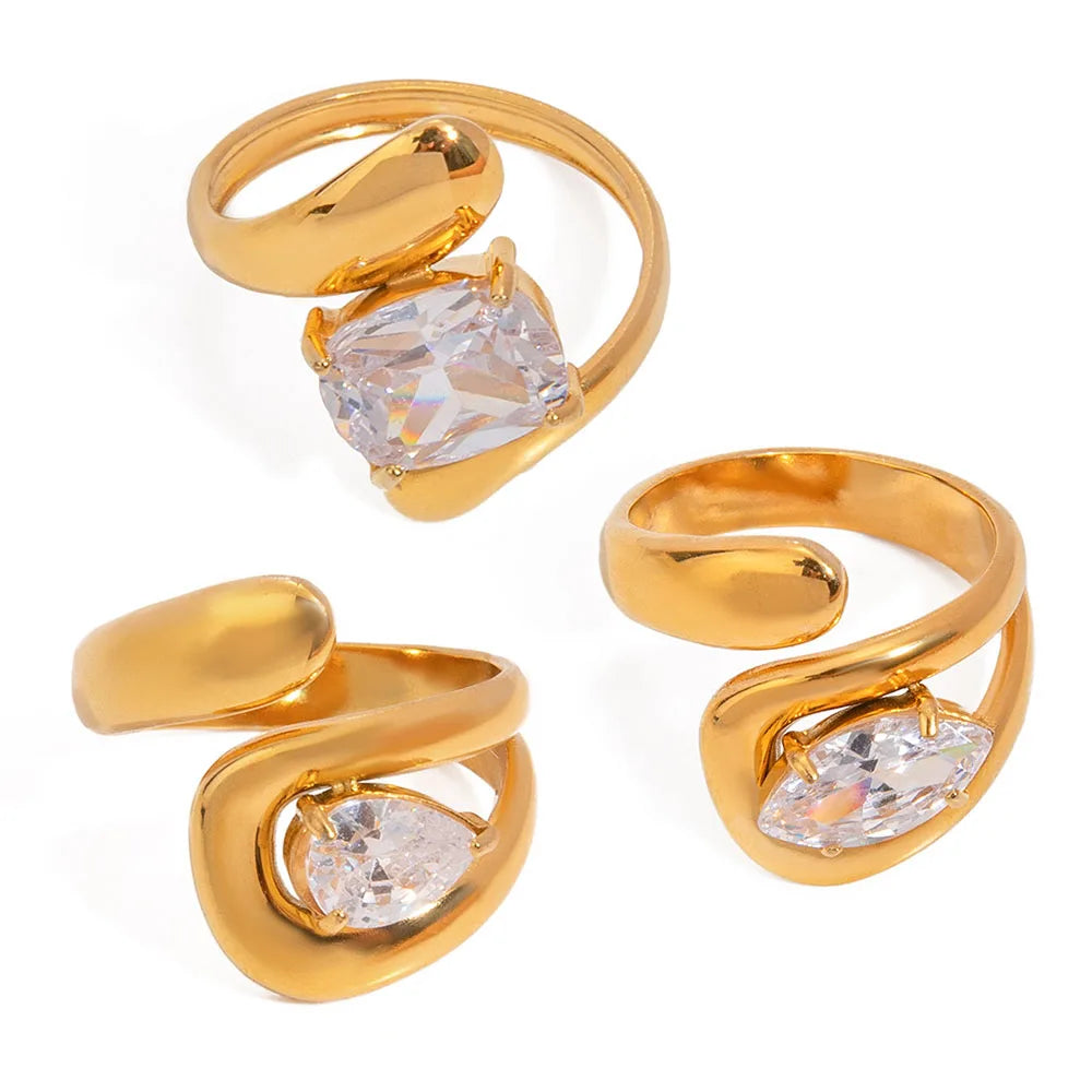 Delicate Bling Cubic Zirconia Stainless Steel Geometric Fashion Ring Texture PVD Gold Plated Waterproof Jewelry for Women