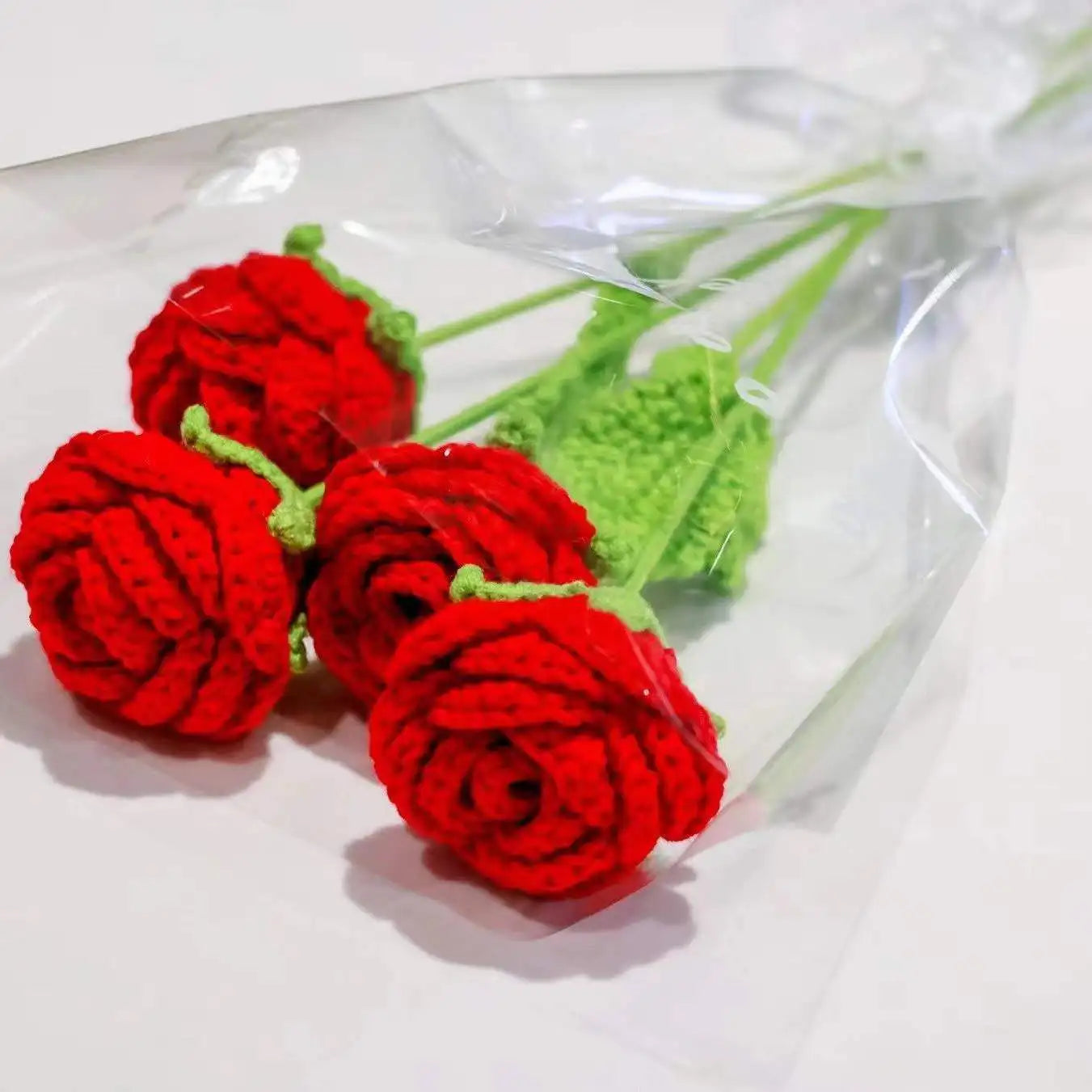 Hand-Knitted Wool Roses Bouquet Crystal Floral Wedding Valentine's Day Mother's Day Friends Decoration Handmade Rose Flower