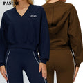 PASUXI Cropped Hoodie Women V-neck Oversized Relaxed Fit Long Sleeve Pullover Yoga Top Winter Streetwear