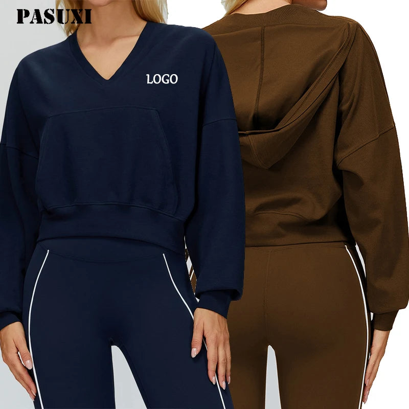 PASUXI Cropped Hoodie Women V-neck Oversized Relaxed Fit Long Sleeve Pullover Yoga Top Winter Streetwear
