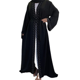 Stone Pearls Work Solid Color Floor Length American Nigeria Muslimash Fashion Open Abaya