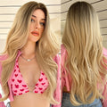 Front Lace Blonde Hairline Lace Synthetic Wig Long Natural Wavy Middle Part Hair Wig with Dark Root for Women Heat Resistant