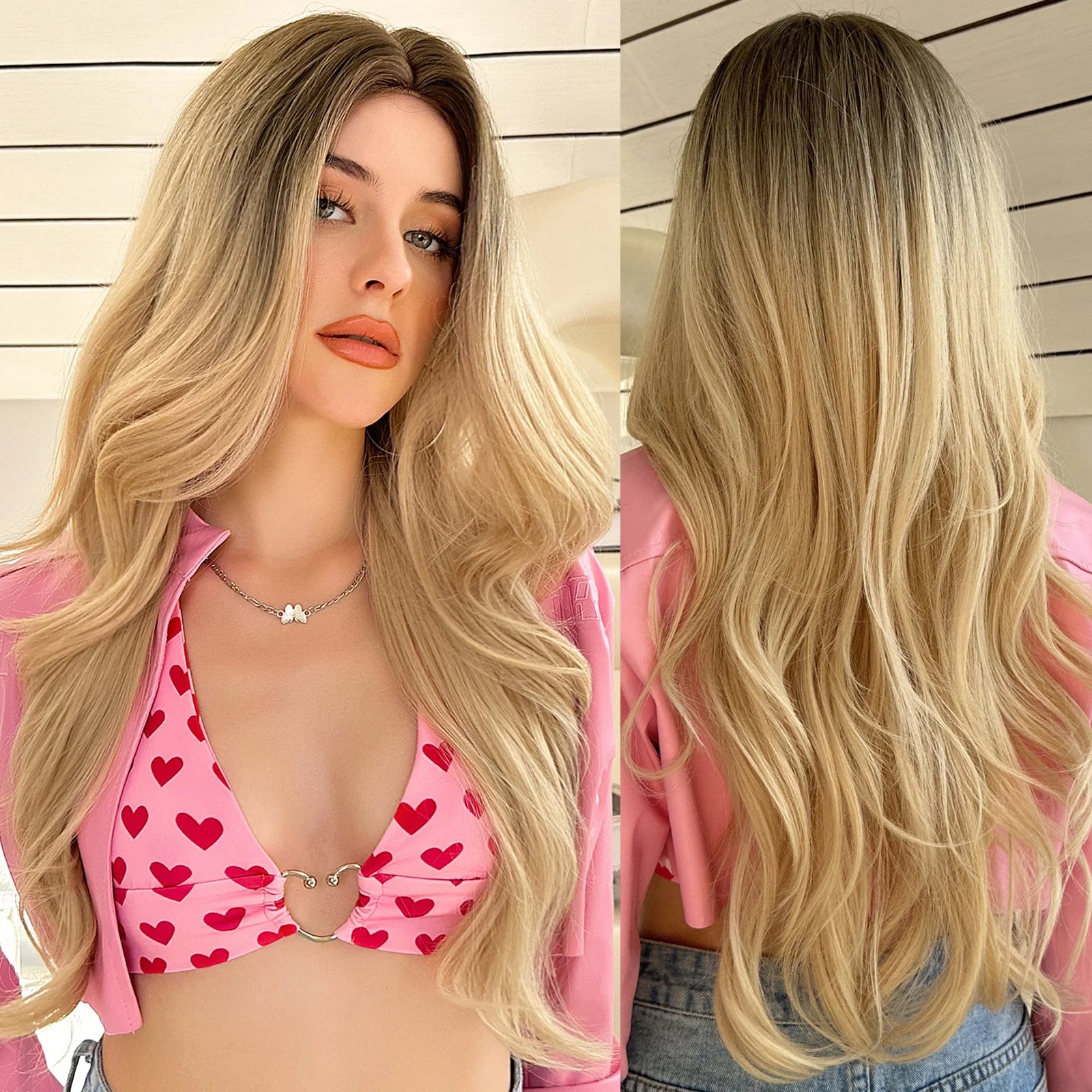 Front Lace Blonde Hairline Lace Synthetic Wig Long Natural Wavy Middle Part Hair Wig with Dark Root for Women Heat Resistant
