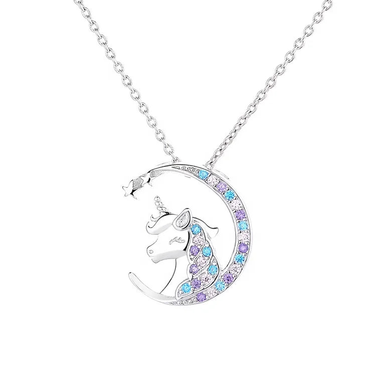 Real Silver 925 Unicorn Pendant Necklace for Kids Multi Color Charm Jewelry for Women