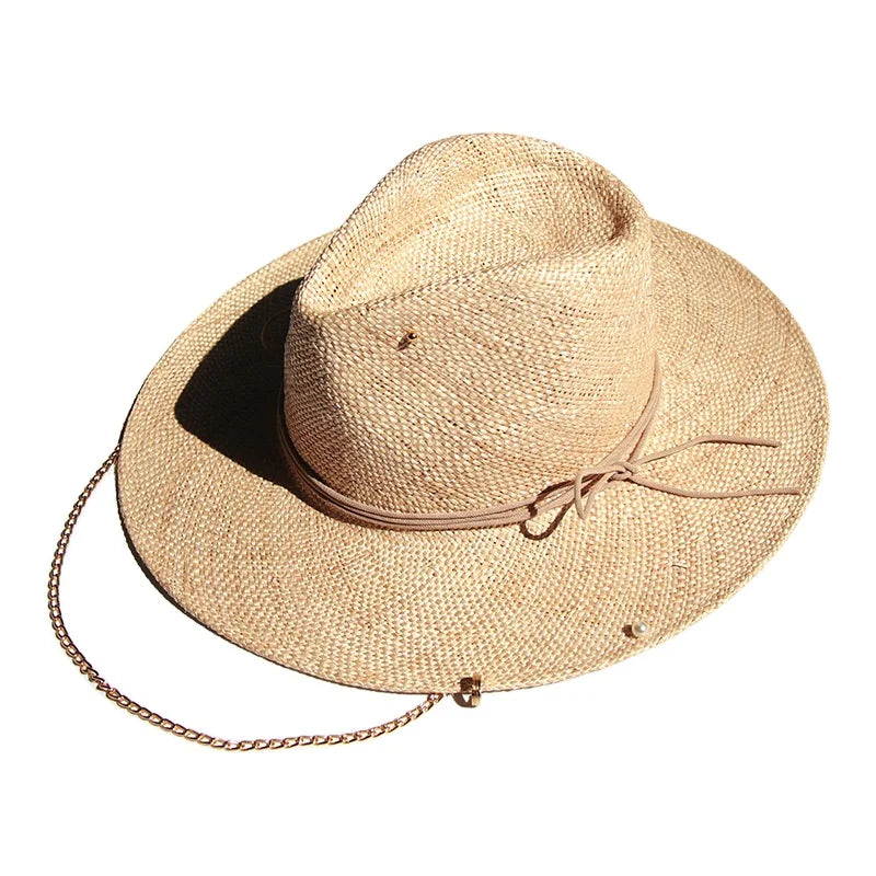 Chic Women's Jazz Panama Hat with Chain Sisal Straw and Jewels Chic Style for Outdoor Travel Casual and Business Scenes