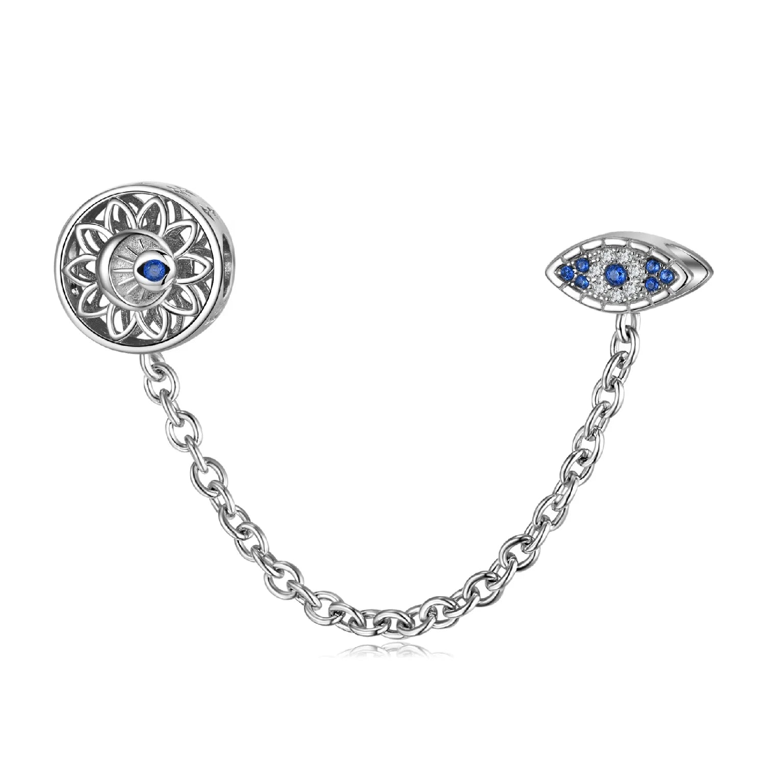 Blue Demon Eyes Safety Chain 925 Sterling Silver Bead with CZ for Women Fine Charm Beads Jewelry Bracelet Wholesale Accessory