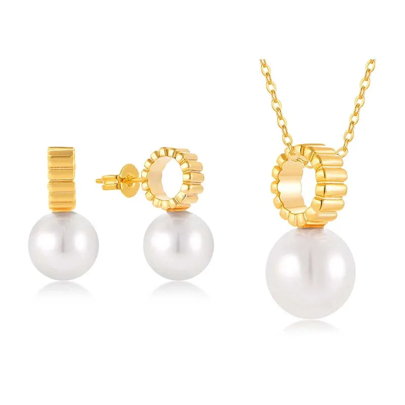 QX Wholesale Women Wedding Bridal Fine Jewelry 18k Gold Plated 925 Silver Freshwater Pearl Earring Necklaces Jewelry Set