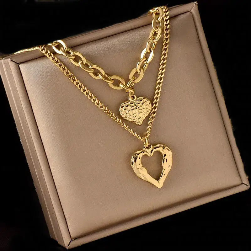 Fashion Non Tarnish 18k Gold Plated Necklace Stainless Steel Layered Heart Pendant Necklace for Women Jewelry and Accessories