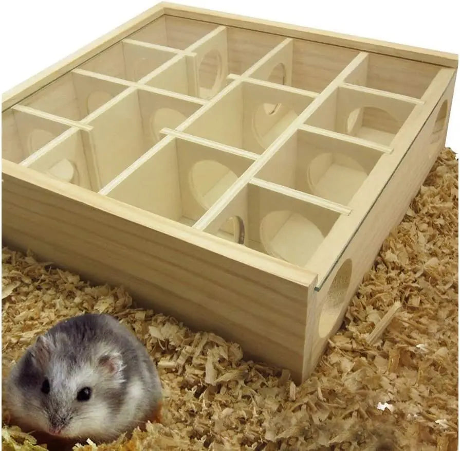Hamster Wooden Maze Tunnel with Plexiglass Cover Exploring Toys for Dwarf Hamster