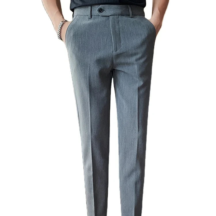Fashion New British Style Men's Casual Slim Trousers Mid Waist Straight Long Suit Pants 100% Polyester Light Wash Lightweight