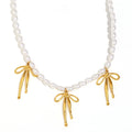 Stainless Steel Plated 18K Gold Imitation Pearl Design Butterfly Bow Pendant Necklace for Women Ladies Gift Giving