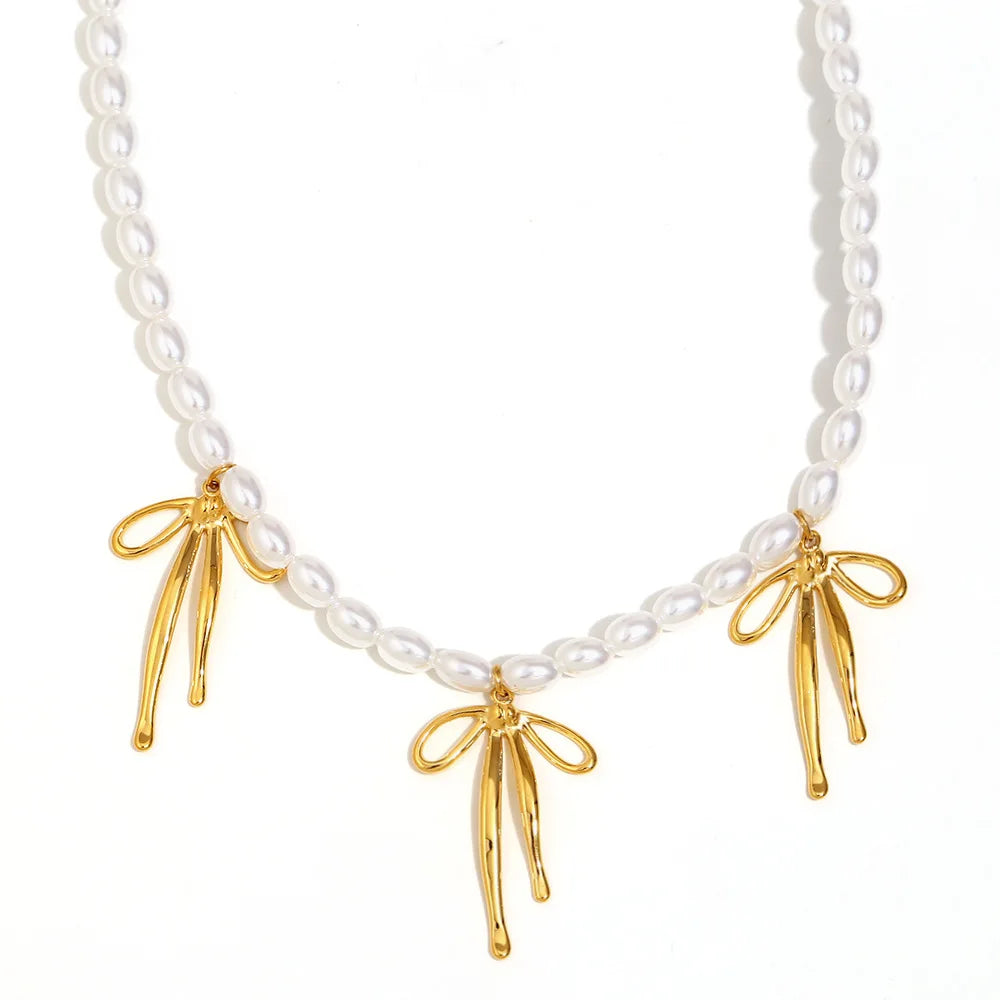 Stainless Steel Plated 18K Gold Imitation Pearl Design Butterfly Bow Pendant Necklace for Women Ladies Gift Giving