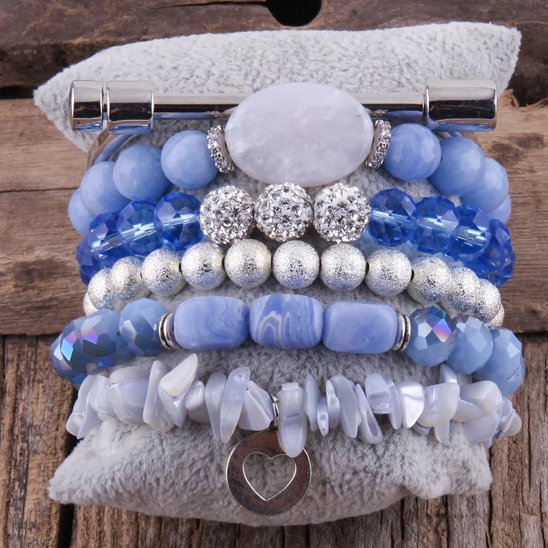 Natural Blue Stone Peace Beaded Jewelry Crystal Pave Women Handmade 6 Pcs Alloy Screw Leaf Bangle Chip Stone Stack Bracelets Set