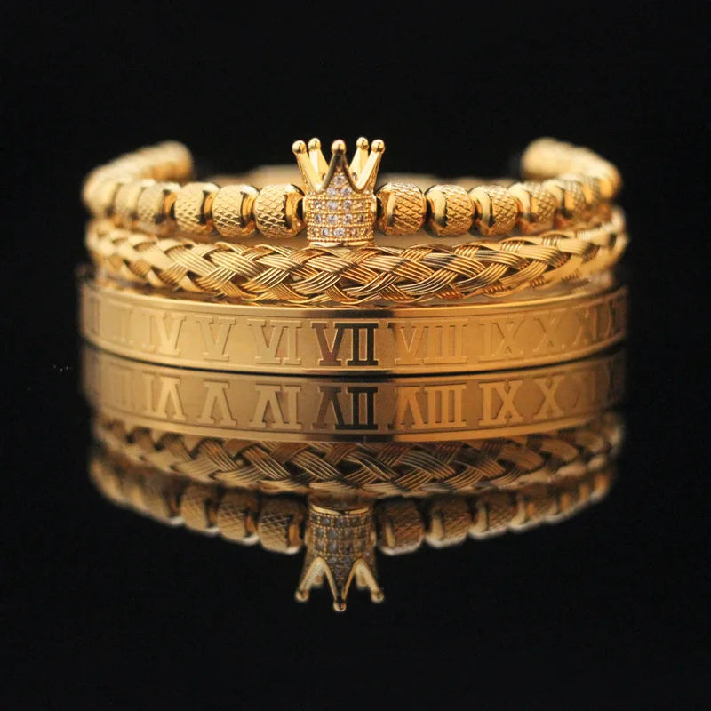 Luxury Fashion Stainless Steel Roman Numerals Cuff Bangle Weave Royal Crown Bracelet Set for Men