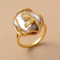 Resizable Luxury Woman Wedding Engagement Rings Gold Plated Big Stone Freshwater Pearl Classic Zircon Jewelry
