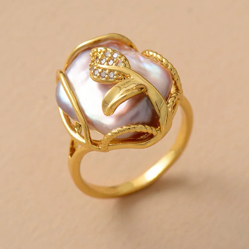 Resizable Luxury Woman Wedding Engagement Rings Gold Plated Big Stone Freshwater Pearl Classic Zircon Jewelry