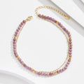 RINNTIN 925 Sterling Silver Double-layer Gold Chain Round Cut Natural Stone Purple Mica Quartz Beach Bracelet Anklets for Women
