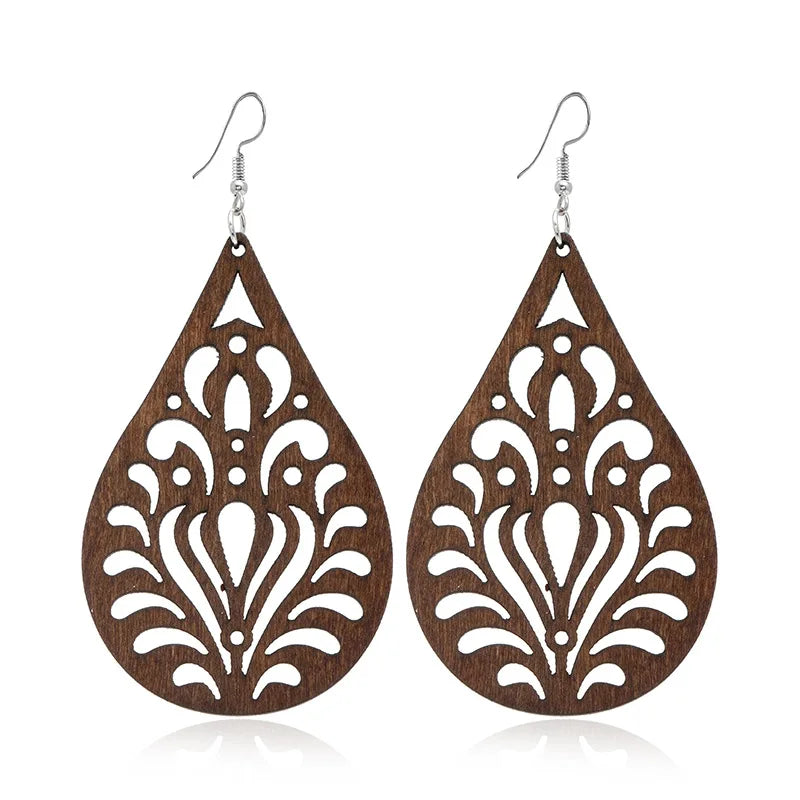 Mixed Color Women Brown Color Pendent Hollow Out Geometric Wood Earrings