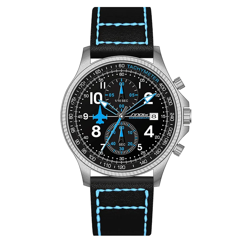 SINOBI Men's Pilot Quartz Watch 43mm Dial Alloy Case Leather Strap Business Style Glass Crystal Pointer Dial