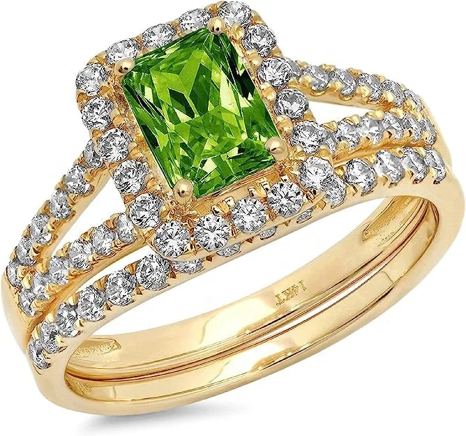 Emerald Round Cut Pave Halo Unique Solitaire Accent Genuine Flawless Natural Green Peridot Gold Bridal Wedding Ring Band Set