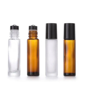 Low Price 10ml Frosted Clear/amber/blue Glass Roll on Bottle With Black Cap