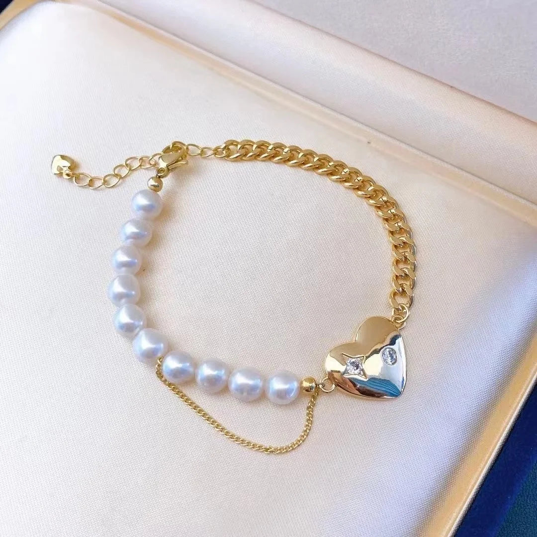 B467 7-8mm 925 Sterling Silver Gold Plated Wholesale Freshwater Pearl Charm Bracelet  Bangle Fancy Jewelry for Women