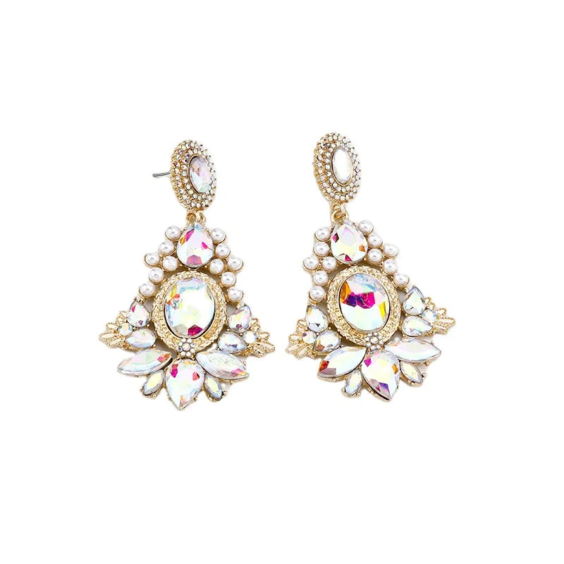 Statement Jewelry Colorful Chandelier Earrings Crystal Rhinestone Pearl Geometric Stud Earrings for Women