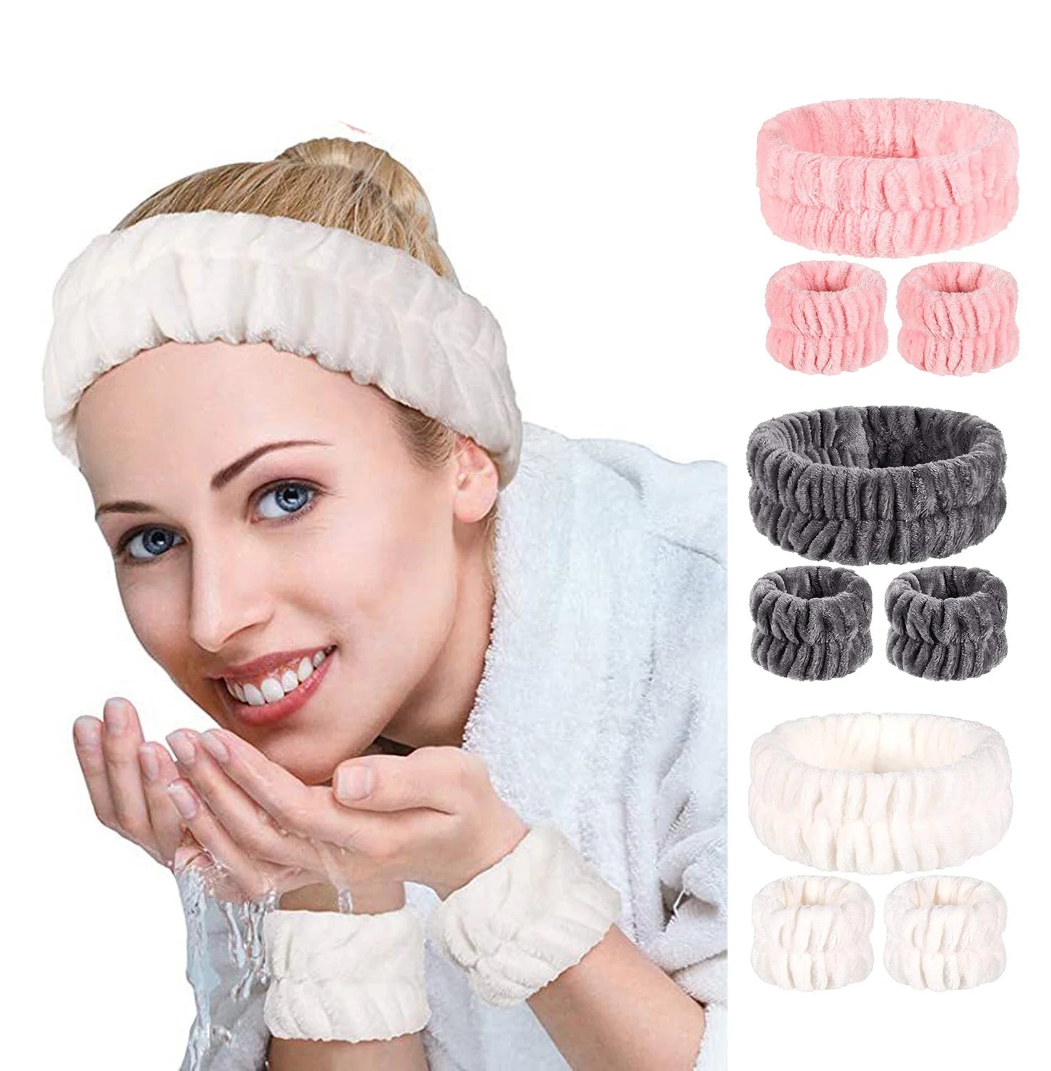 Wholesale Flannel Facial Skincare Spa Headband and Wristband Set Wash Face Towel and Makeup Wrist Wrap