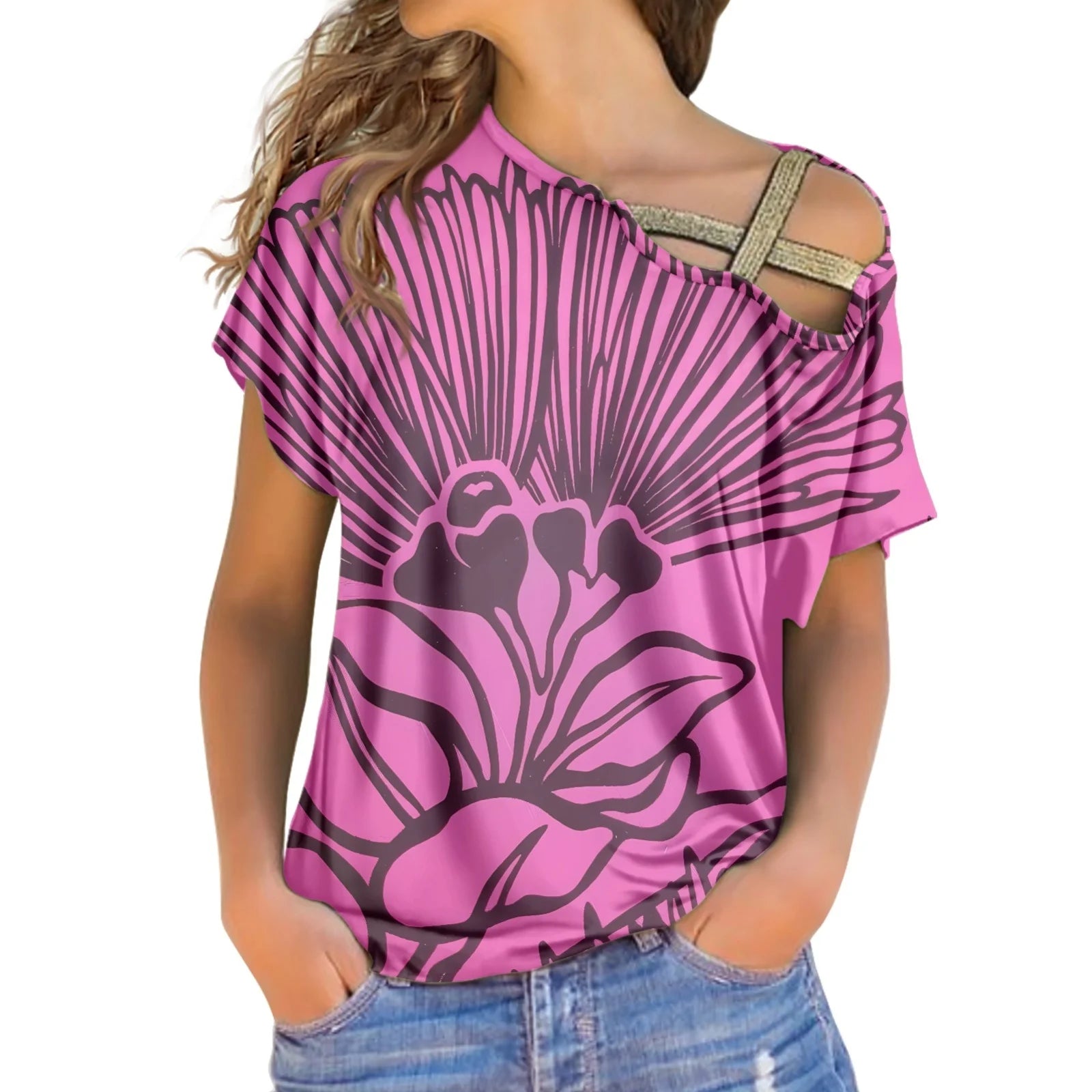 Wholesale Pink Elegant Classic Flower Printed Short Sleeve Blouses and Shirts for Women Ideal for Professional Office Settings