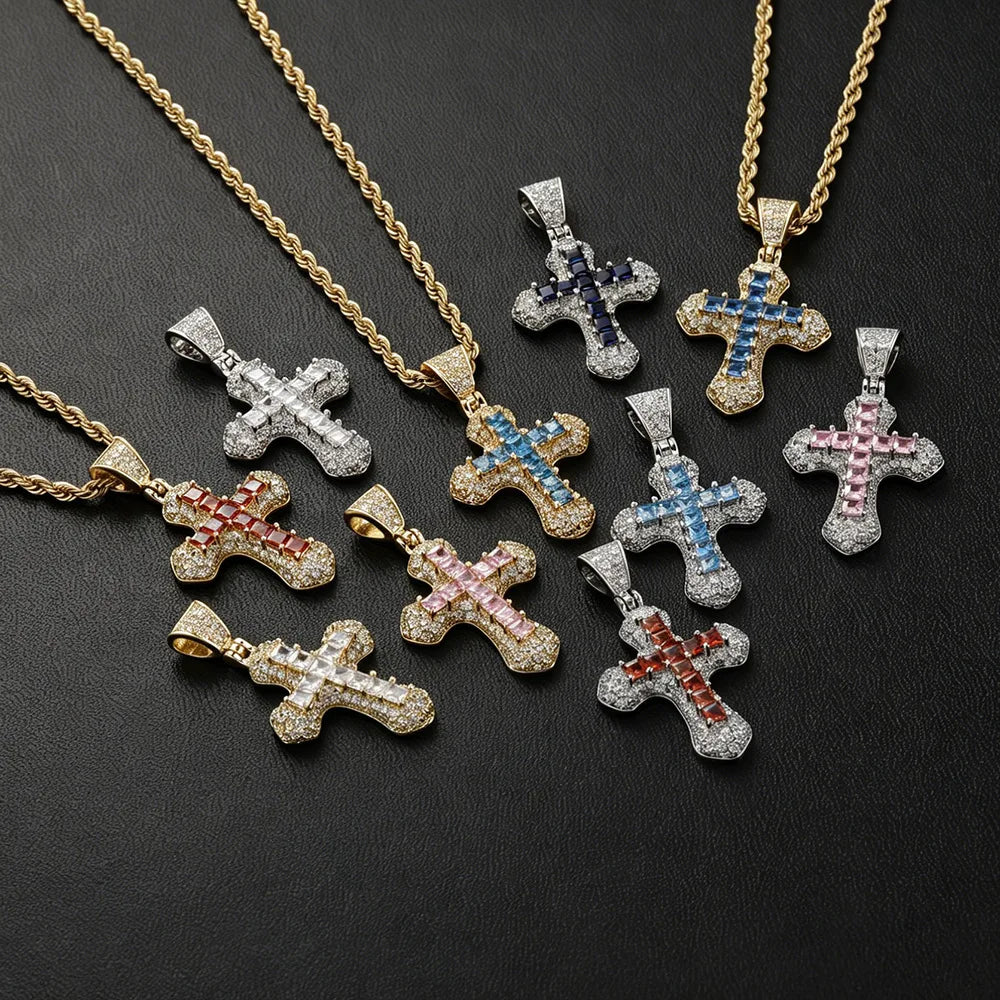 New Classic Iced Brass Women Shiny Cubic Zircon Cross Pendant Necklace Female Religious Jesus Fashion Charms Rhodium Plated Rope