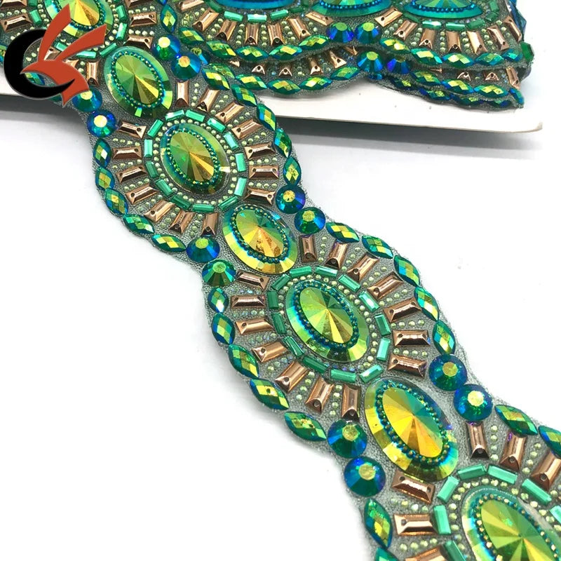 Hot Fix Rhinestone Beaded Applique Trim Iron on Craft Costume Wedding Dress Decor