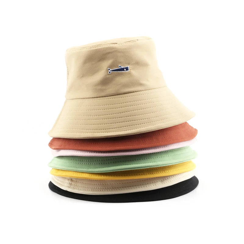 Summer Fashion Simple Cartoon Fish Embroidery Printed Bulk Cotton Wide Brim Fisherman Bucket Hat