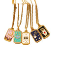 Vintage Stainless Steel Tarot Card Star Moon Sun Link Chain 18K Gold Plated Colorful Drip Oil Square Pendant Women's Necklaces