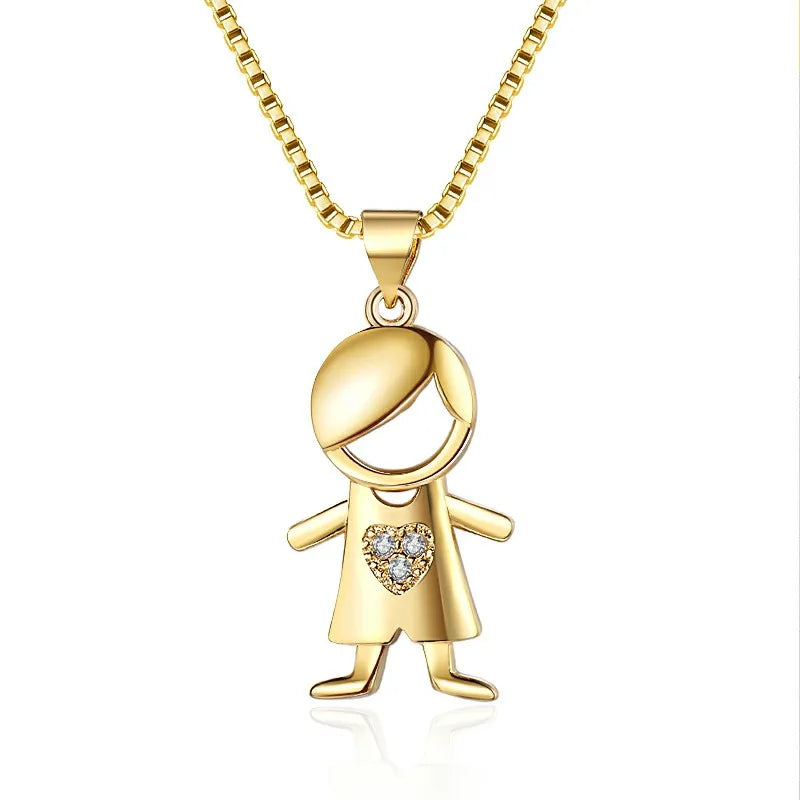 Simple Cute Geometric Boy Pendant Necklace Brass 18K Gold Plated Zircon Box Chain Wedding Gift Jewelry Wholesale