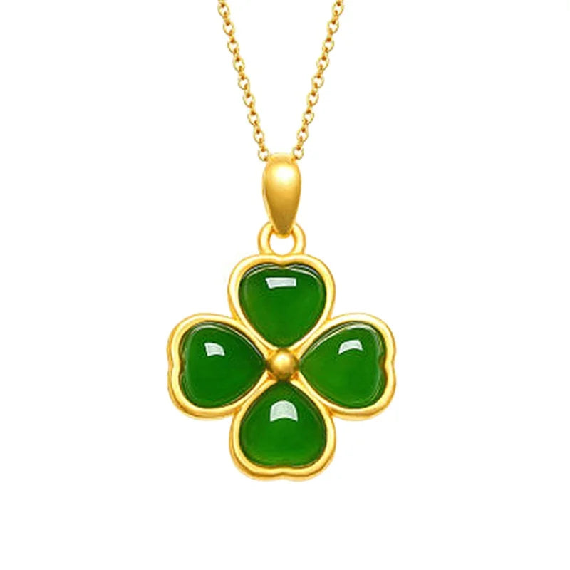 Petal Four Leaf Clover Pendant 24K Gold Plated Inlaid Heart-Shaped Hetian Chalcedony White Chalcedony Pendant